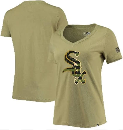 Women's Chicago White Sox 2022 Armed Forces Day Olive V-Neck New Era  T-Shirt Mesh Fabric Canvas Fabric Denim Fabric