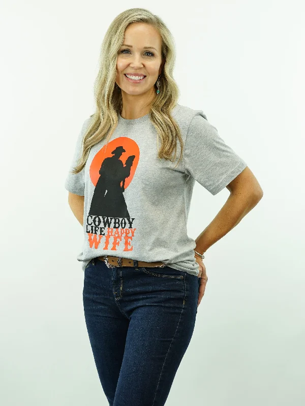 T-Shirt - Cowboy Life Happy Wife - Grey Denim Fabric Leather Fabric Suede Fabric