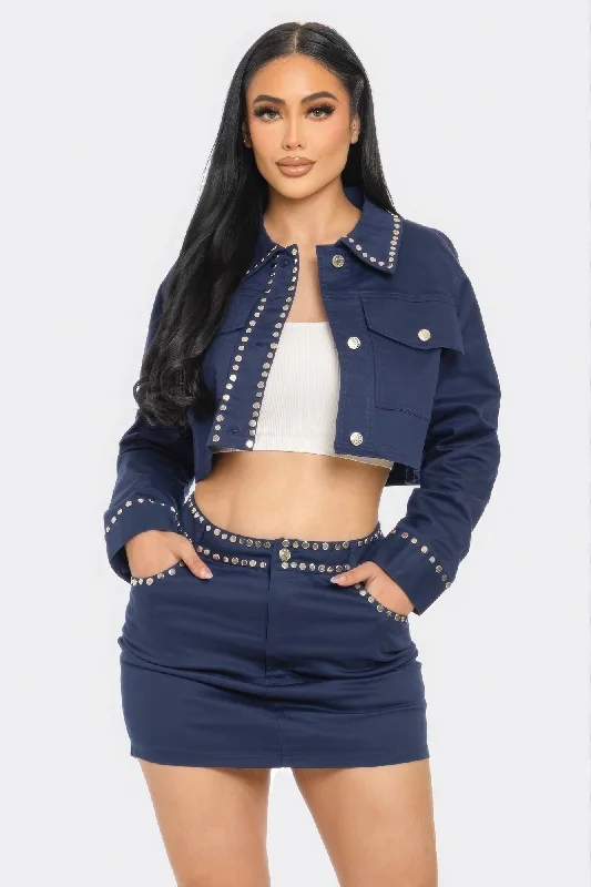 Embroidered Cropped Shirt Set Ribbed T-Shirt High Neck Heavyweight