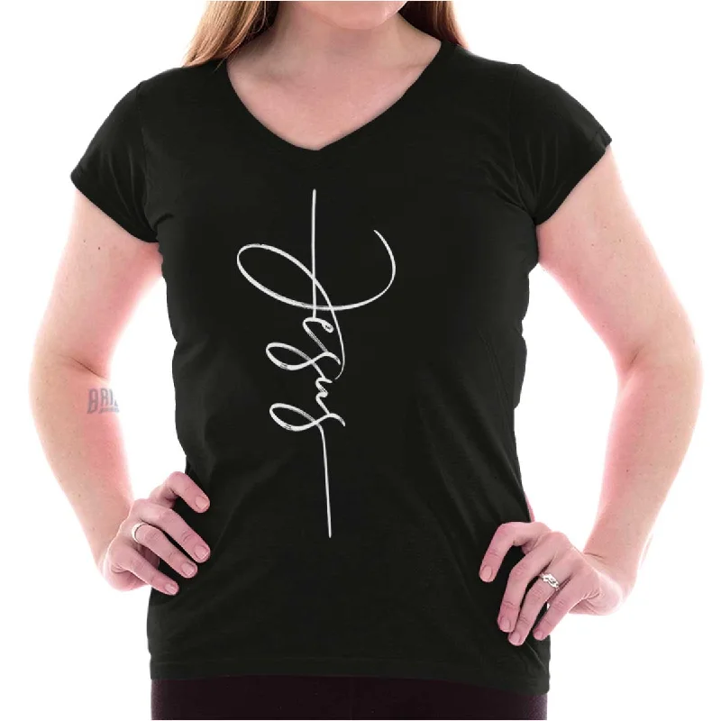 Jesus Fashion Junior Fit V-Neck T Shirt Beaded Sequined Faux Fur