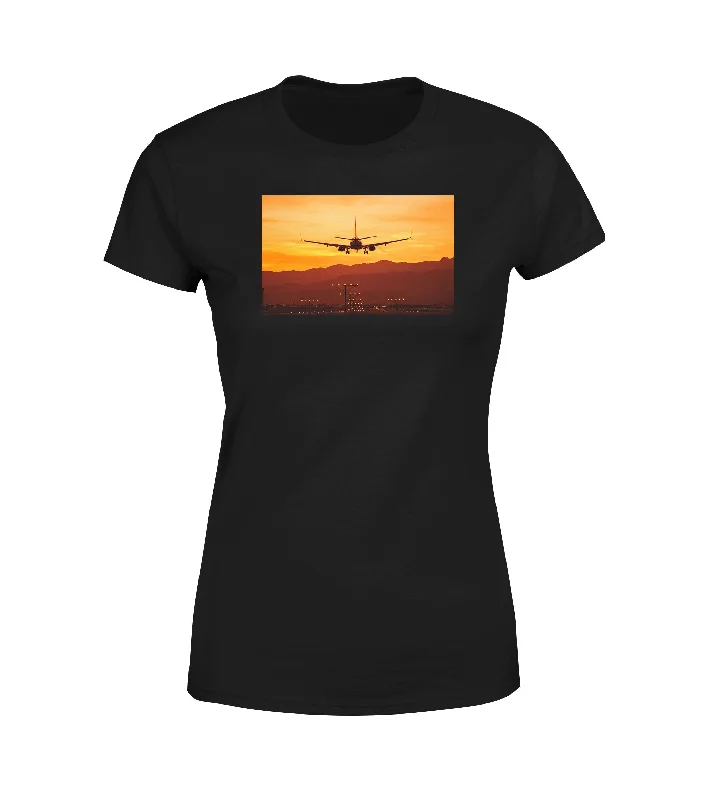 Landing Aircraft During Sunset Designed Women T-Shirts Solid Color Striped Floral
