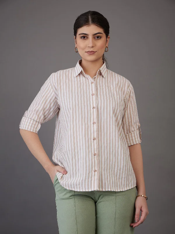 Lyush Women Brown Stripes Regular Fit Shirt Plaid T-Shirt Polka Dot Checkered