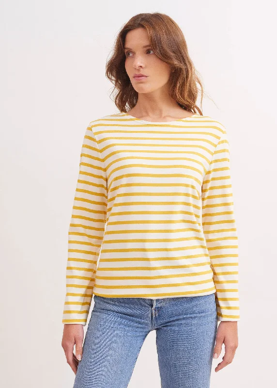 MINQUIERS MODERN - Authentic Breton Stripe Shirt | Soft Cotton | Men Fit (IVORY / AMBER) Basic T-Shirt Crew Neck Short Sleeve