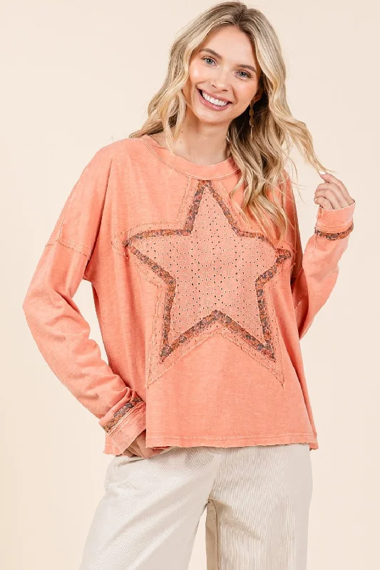 Mittoshop Mineral Wash Star Patch Long Sleeve T-Shirt Collared Crew Neck Turtle Neck Mittoshop Mineral Wash Star Patch Long Sleeve T-Shirt Collared Crew Neck Turtle Neck