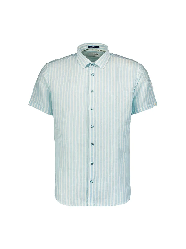 No Excess - Linen Blend Striped Short Sleeved Shirt - Sky Graphic Embroidered Appliqued