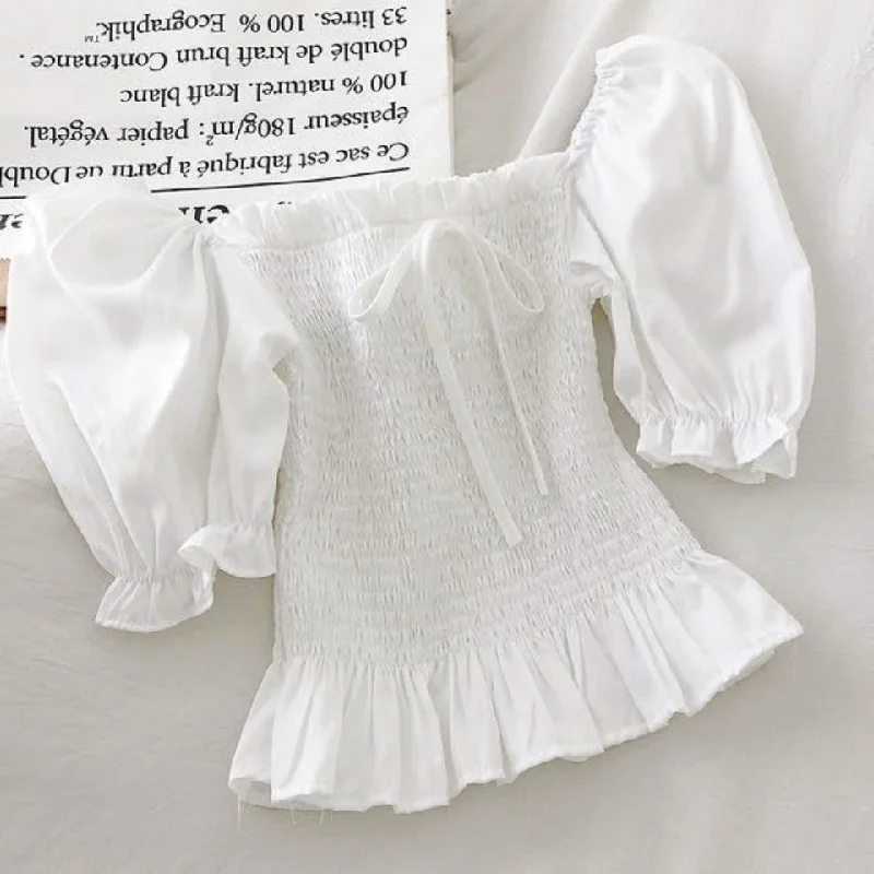 One-shoulder Puff Sleeve Top Women's Short-sleeved Chiffon Shirt Cashmere Blend Cotton Blend Poly Blend One-shoulder Puff Sleeve Top Women's Short-sleeved Chiffon Shirt Cashmere Blend Cotton Blend Poly Blend