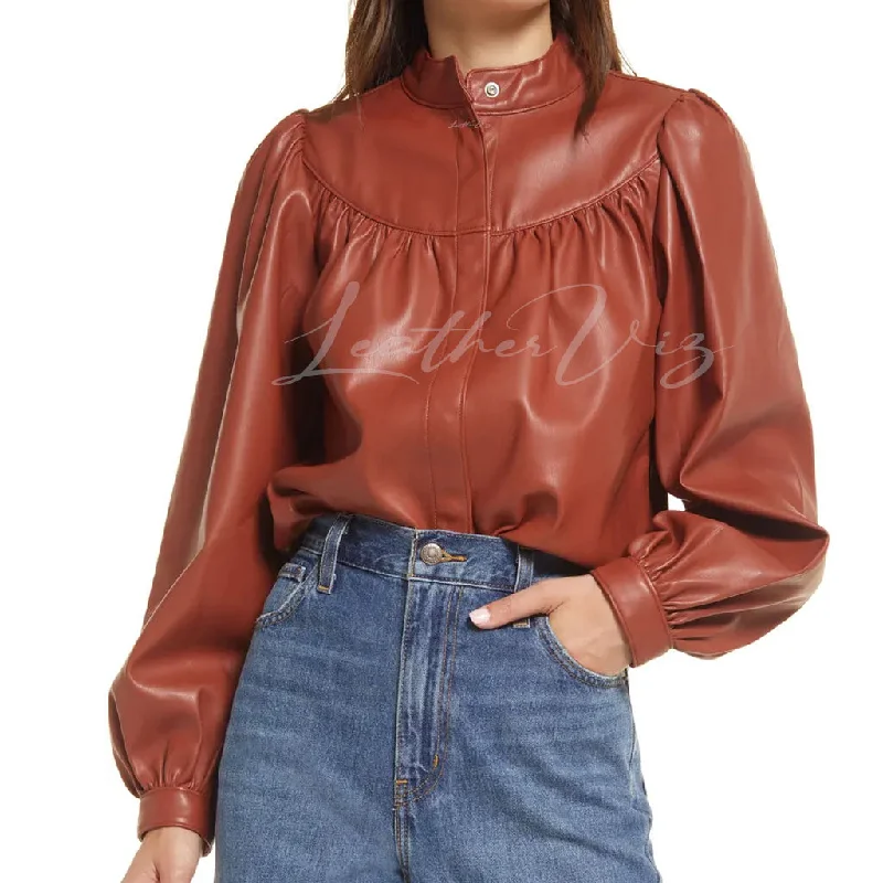 PUFF SLEEVES FAUX LEATHER SHIRT FOR WOMEN Elasticated Padded Insulated