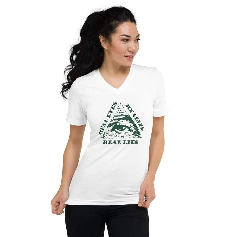 Real Eyes Realize Real Lies - All seeing eye - Unisex V-Neck T-Shirt Rayon Fabric Velvet Fabric Corduroy Fabric Real Eyes Realize Real Lies - All seeing eye - Unisex V-Neck T-Shirt Rayon Fabric Velvet Fabric Corduroy Fabric