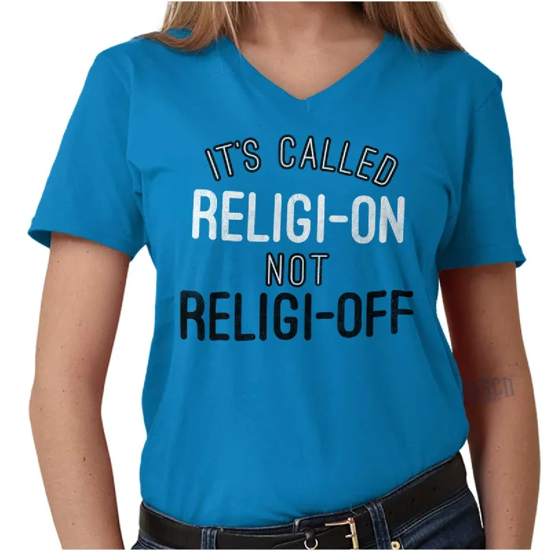 Religi-on Not Religi-off V-Neck T Shirt Chenille Fabric Brocade Fabric Lace Fabric