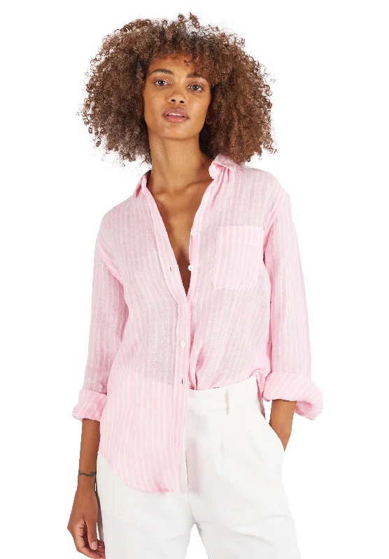 Rina Pink Stripes Slim-Fit Linen Shirt Casual Formal Business