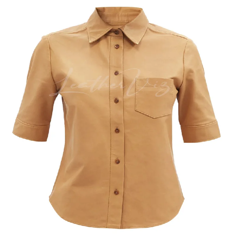 SHORT-SLEEVED WOMEN LEATHER SHIRT Mesh Fabric Canvas Fabric Denim Fabric