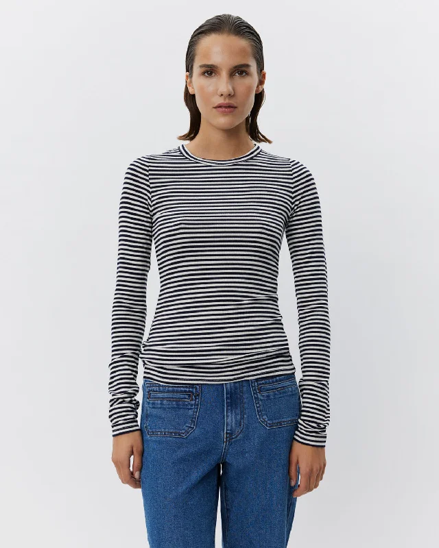 PETRICIASW STRIPE T-SHIRT LONG SLEEVE - Navy Striped Mesh Canvas Denim