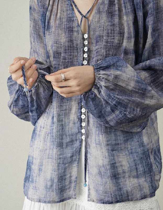 Summer Dyed V-neck Long Sleeve Linen Shirt Front Pockets Side Pockets Patch Pockets