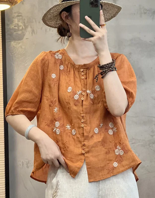 Summer Ramie Round Neck Embroidery Shirt Jersey Fabric Tulle Fabric Batik Fabric
