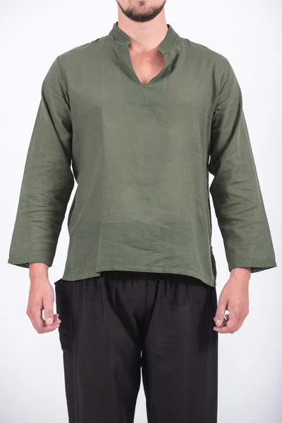 Unisex Long Sleeve Cotton Yoga Shirt with Nehru Collar in Olive Spandex Blend Rayon Blend Denim Blend Unisex Long Sleeve Cotton Yoga Shirt with Nehru Collar in Olive Spandex Blend Rayon Blend Denim Blend