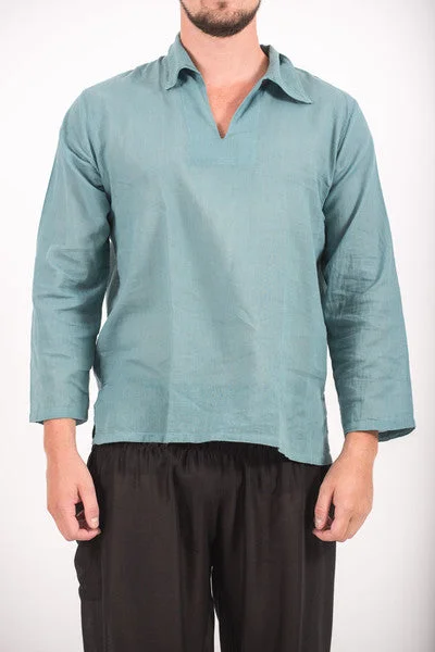 Unisex Long Sleeve Cotton Yoga Shirt with V Neck Collar in Aqua Hooded Caped Shawl Collar Unisex Long Sleeve Cotton Yoga Shirt with V Neck Collar in Aqua Hooded Caped Shawl Collar