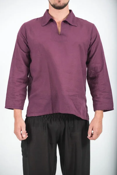 Unisex Long Sleeve Cotton Yoga Shirt with V Neck Collar in Dark Purple Zippered Front Buttoned Front Snap Front Unisex Long Sleeve Cotton Yoga Shirt with V Neck Collar in Dark Purple Zippered Front Buttoned Front Snap Front
