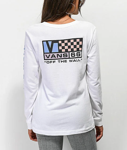Vans New Flat Women's Long Sleeve Tee - White Polka Dot Checkered Tartan