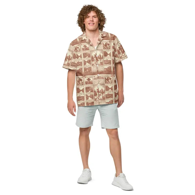 Rock Summer Vibes with Vintage Newspaper Button Shirt Satin Fabric Silk Fabric Chiffon Fabric