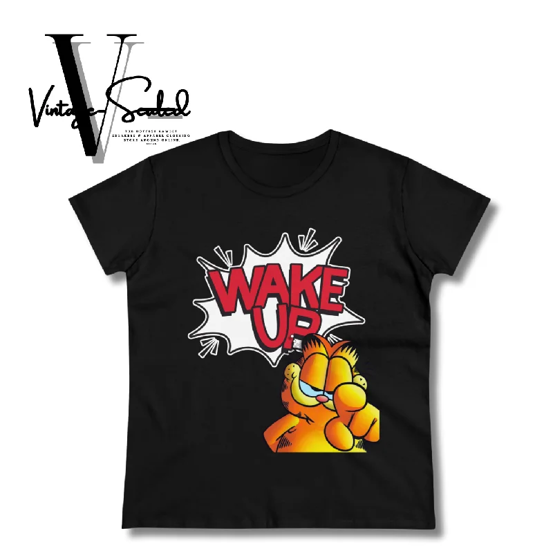 Vintage-Sealed GARFIELD "WAKE UP" Apparel T-Shirts Short Sleeves| Brand New Women's Fashion Layered Multi-layer Single Layer Vintage-Sealed GARFIELD "WAKE UP" Apparel T-Shirts Short Sleeves| Brand New Women's Fashion Layered Multi-layer Single Layer