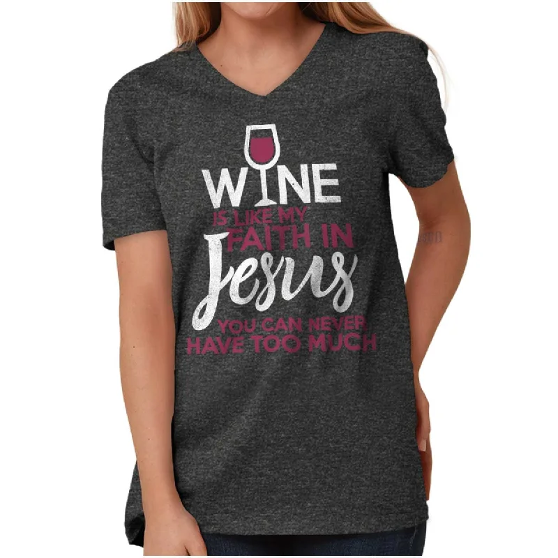 Wine Faith Jesus V-Neck T Shirt Spandex Blend Rayon Blend Denim Blend