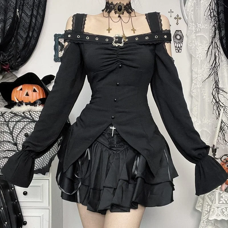 Women's Gothic Buckle-up Lace Long Sleeved Shirt Wool Fabric Cashmere Fabric Tweed Fabric