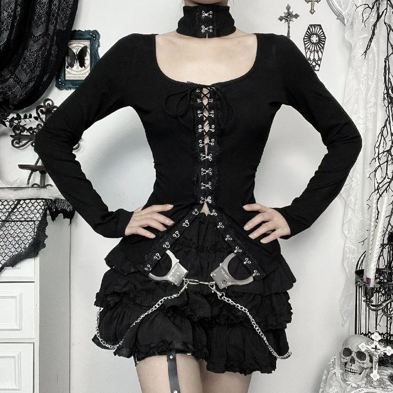 Women's Punk Eyelets Lace-up Long Sleeved Shirt V-Neck T-Shirt Long Sleeve Cotton