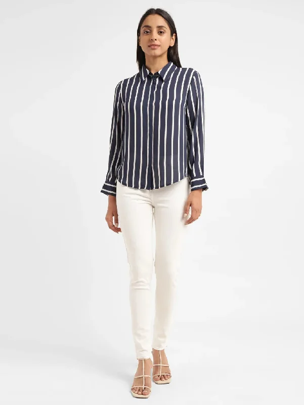 Women's Striped Shirt Collar Shirt Anti-Pilling Machine Wash Handmade