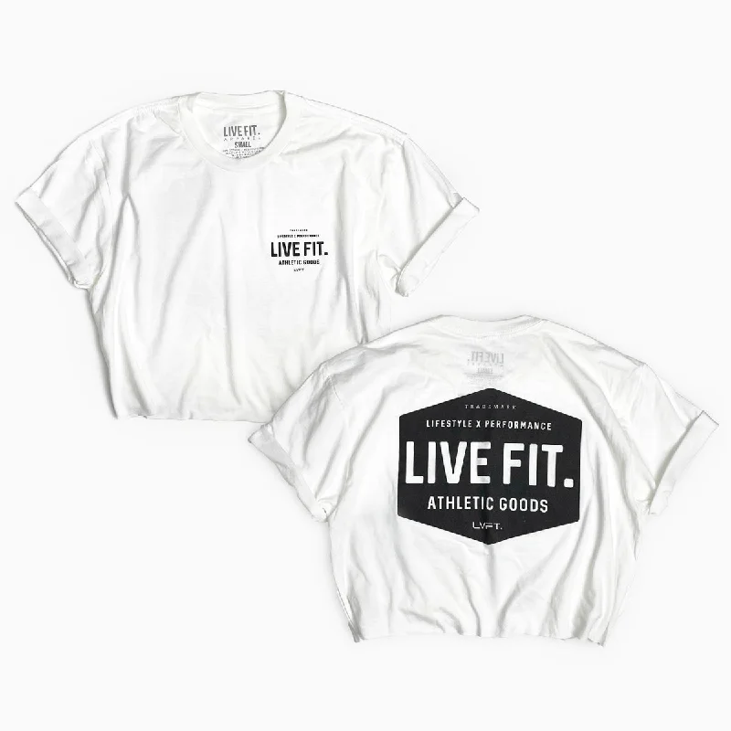 Work Badge Crop Tee - White Embroidered Appliqued Beaded