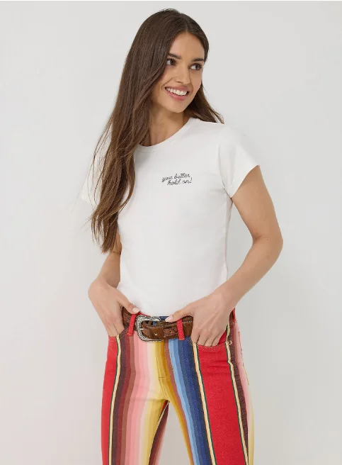 Wrangler X Women's Lainey Wilson White Better Hold On Shrunken Band Tee 112360650 Zippered Front Buttoned Front Snap Front