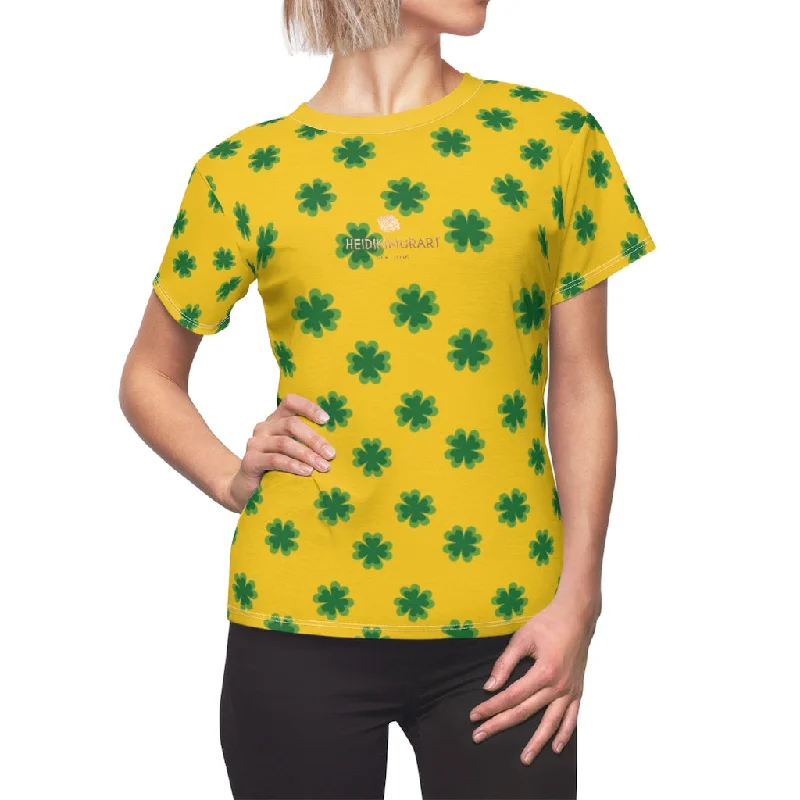Yellow Green Clover Print St. Patrick's Day Women's Premium Crewneck Tee- Made in USA Houndstooth Herringbone Solid