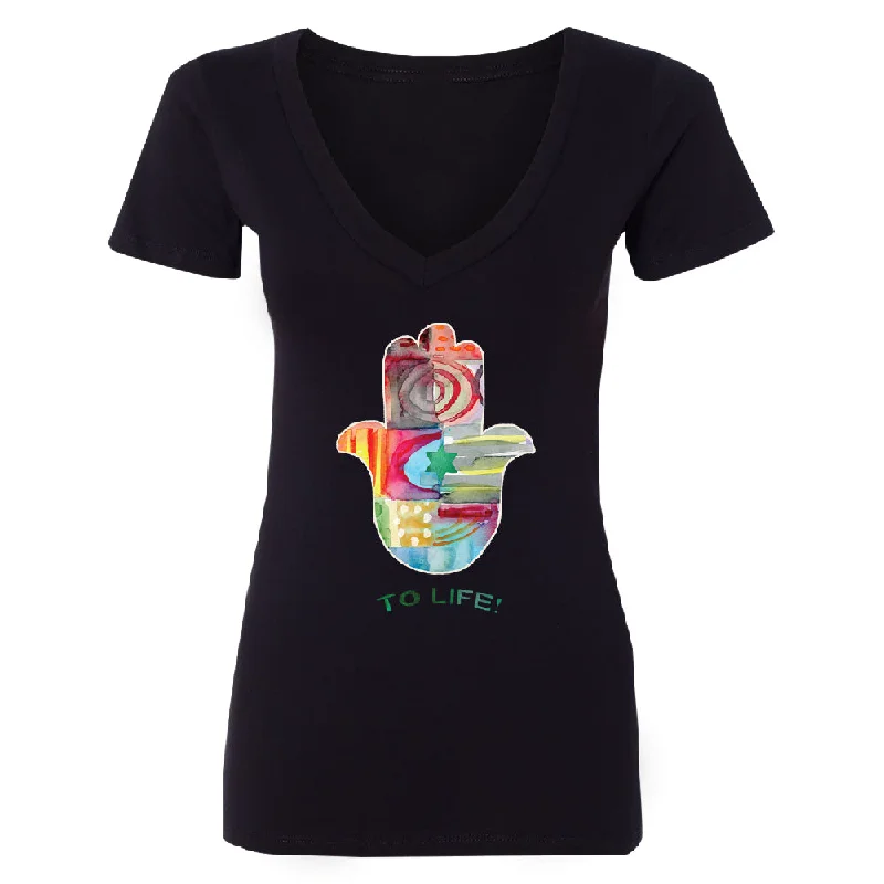 Zexpa Apparelâ„¢ To Life Hamsa Hand Colorful Women's Deep V-neck Hand of Fatima Evil Eye Tee Chenille Brocade Lace