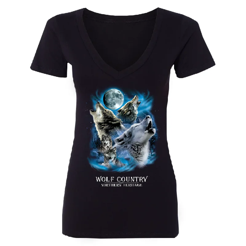 Zexpa Apparel™ Wolves Howling Full Moon Women's Deep V-neck Country Northern Heritage Tee Anti-Pilling Machine Wash Handmade Zexpa Apparel™ Wolves Howling Full Moon Women's Deep V-neck Country Northern Heritage Tee Anti-Pilling Machine Wash Handmade