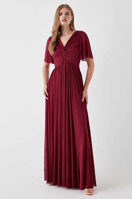 Angel Sleeve Stretch Mesh Full Skirted Bridesmaids Maxi Dress Stylish V-Neck Maxi Dress