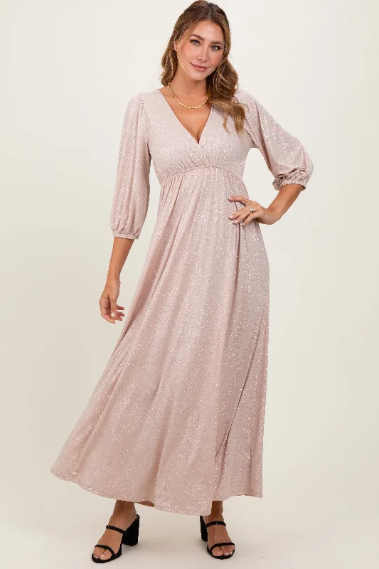 Beige Glitter V-Neck Maxi Dress Comfortable Maxi Dress with Slits