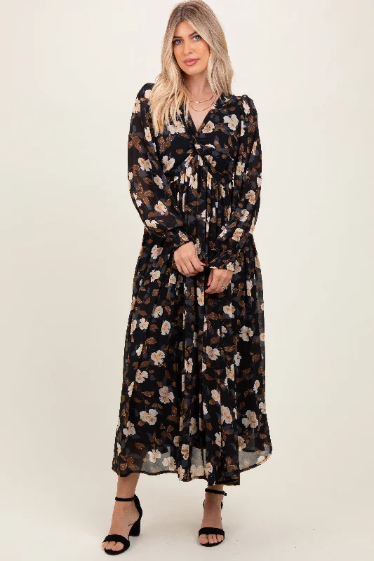 Black Floral Chiffon Twist Front Wrap Maxi Dress Elegant Maxi Dress with Pockets