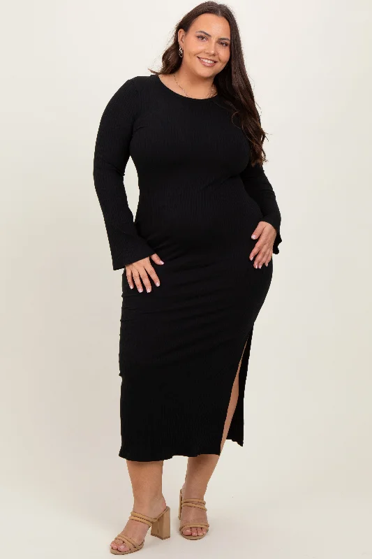 Black Ribbed Side Slit Plus Maxi Dress Classic V-Neck Maxi Dress