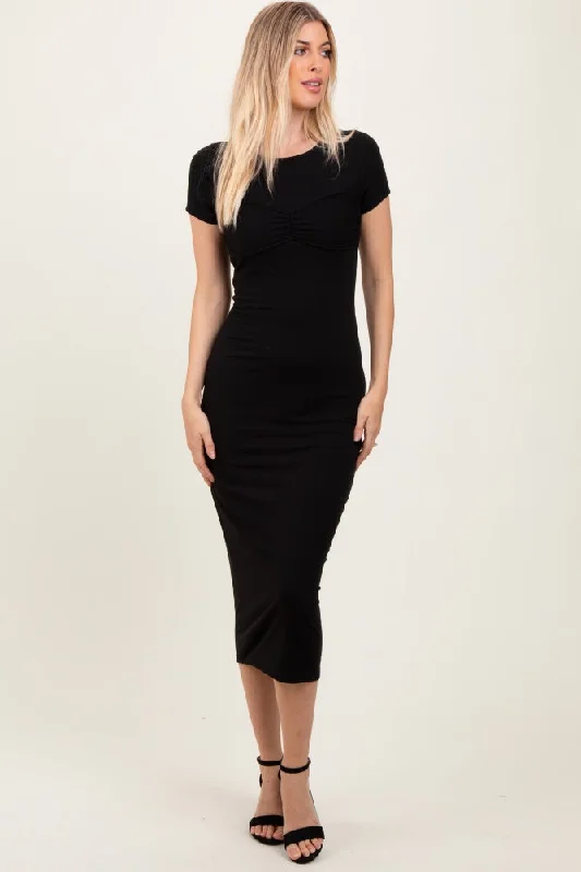 Black Ruched Bust Short Sleeve Maxi Dress Trendy V-Neck Maxi Dress