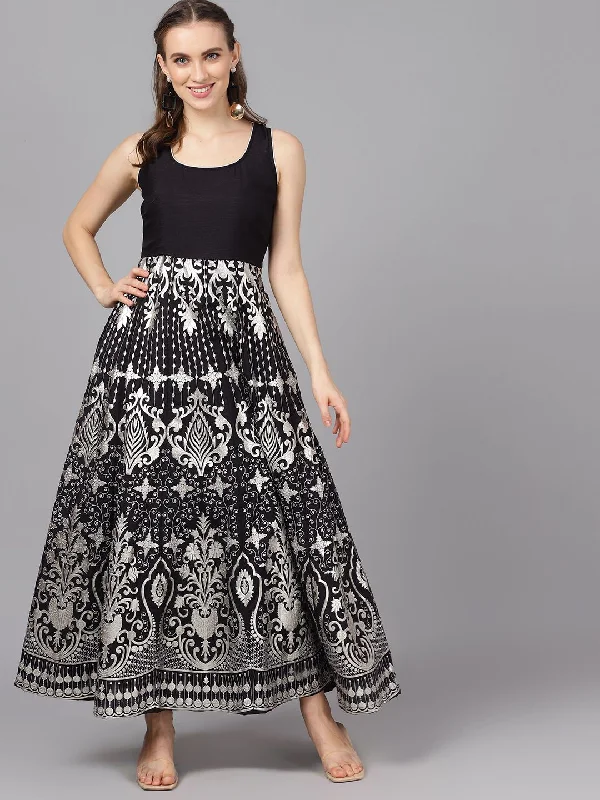 Black & Silver Flared Silk Maxi Dress Stylish Button-Up Maxi Dress