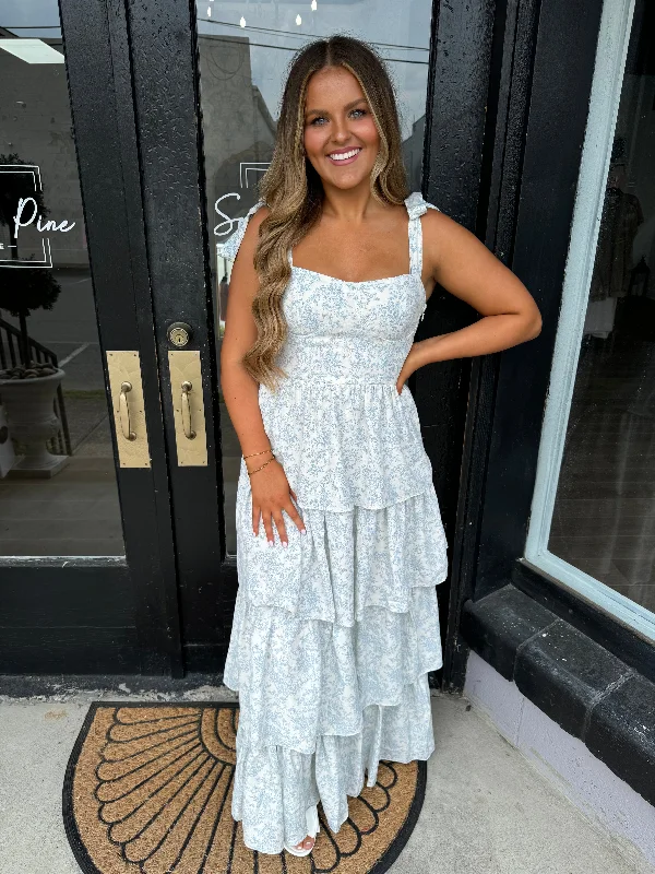 Blue floral tiered maxi dress Casual Maxi Dress with Pockets