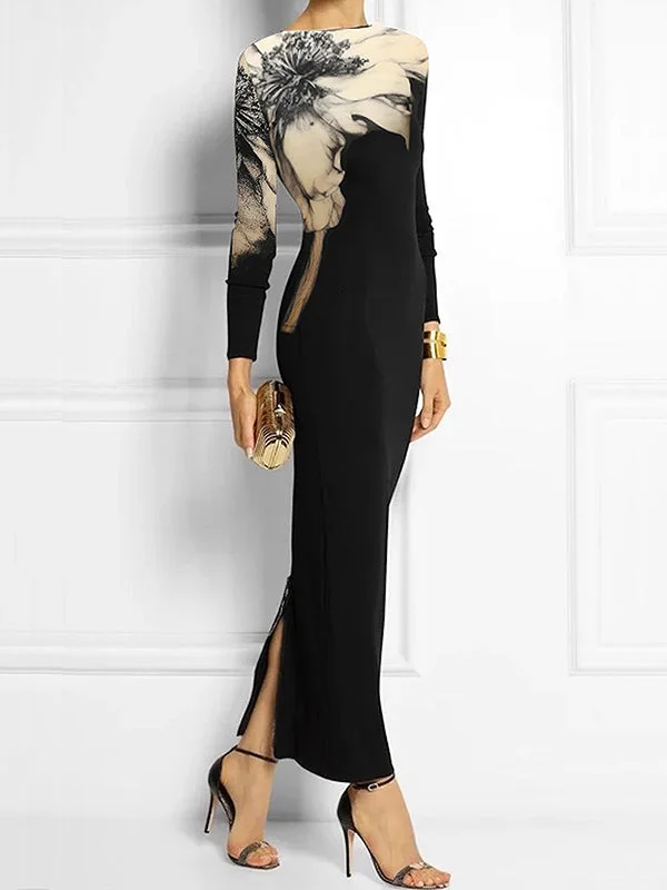 Bodycon Long Sleeves Floral Printed Boat Neck Maxi Dresses Elegant Tiered Maxi Dress