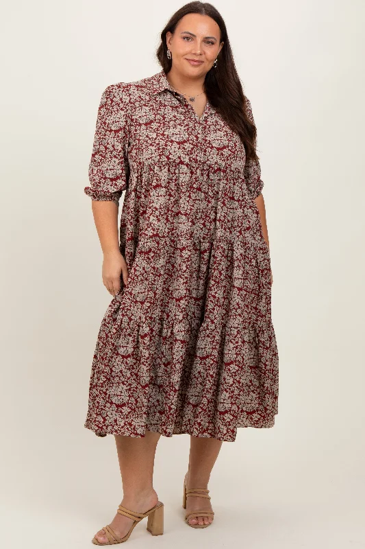 Burgundy Floral Collared Tiered Plus Maxi Dress Cozy Maxi Dress with Slit