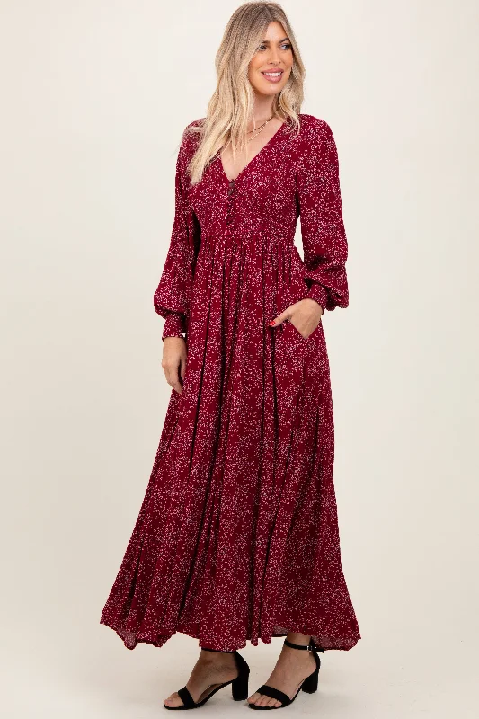 Burgundy Floral Smocked Button Detail Maxi Dress Stylish Off-Shoulder Maxi Dress