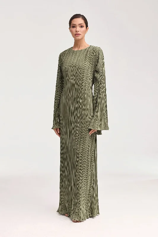 Camille Satin Plisse Maxi Dress - Sage Comfortable Long-Sleeve Maxi Dress