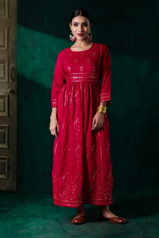 Jashvi Red Muslin Embroidered Maxi Dress With Dori Tie Up & Tassels At Waist Comfortable Fit-and-Flare Maxi Dress