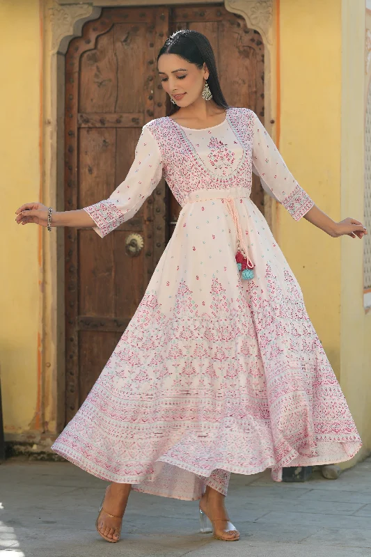 Jashvi Pink Ethnic Motif Printed Shantoon Flared Maxi dress With Beads & Sequins Work Stylish V-Neck Maxi Dress