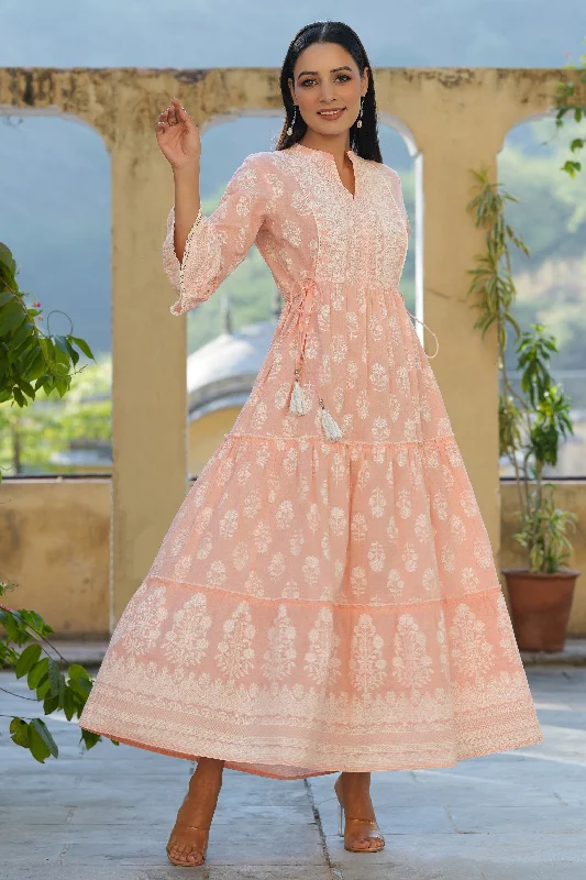 Jashvi Peach Ethnic Motif Printed Pure Cotton Tiered Maxi Dress With Sequins Work Fashionable Layered Maxi Dress Jashvi Peach Ethnic Motif Printed Pure Cotton Tiered Maxi Dress With Sequins Work Fashionable Layered Maxi Dress