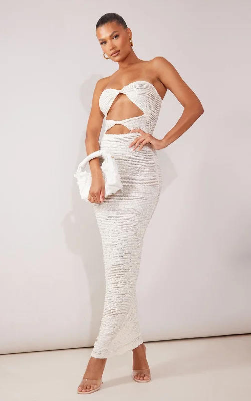 Cream Textured Bandeau Twist Cut Out Maxi Dress Trendy Printed Maxi Dress