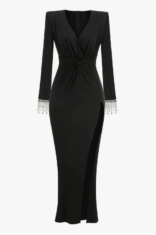 Diva Plunge Gathered Twist Crystal Fringe Long Sleeve Split Formal Maxi Dress Elegant Maxi Dress with Belt Diva Plunge Gathered Twist Crystal Fringe Long Sleeve Split Formal Maxi Dress Elegant Maxi Dress with Belt