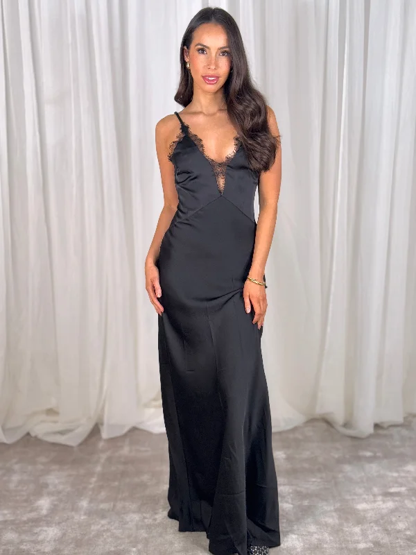 Elsa Lace Trim Maxi Dress In Black Trendy Maxi Dress with Bow